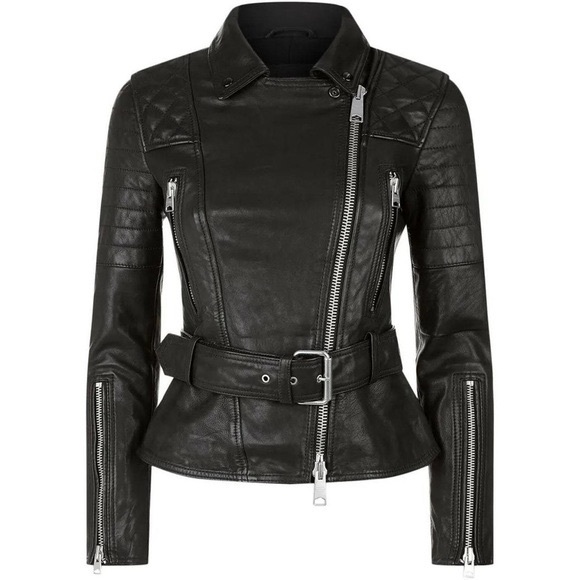 💥SOLD💥 All Saints BRYDEN Belted Black Leather Moto Jacket UK 10 / US 6 - Picture 1 of 5